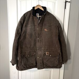 Vintage Carhartt Canvas Barn Heavy Chore Coat Brown Men’s Size 2XL Company Logo
